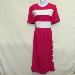 B-198 EJM PLUS SIZE 14 Vintage Pink & White Stripe Short Sleeve‎ Maxi Dress